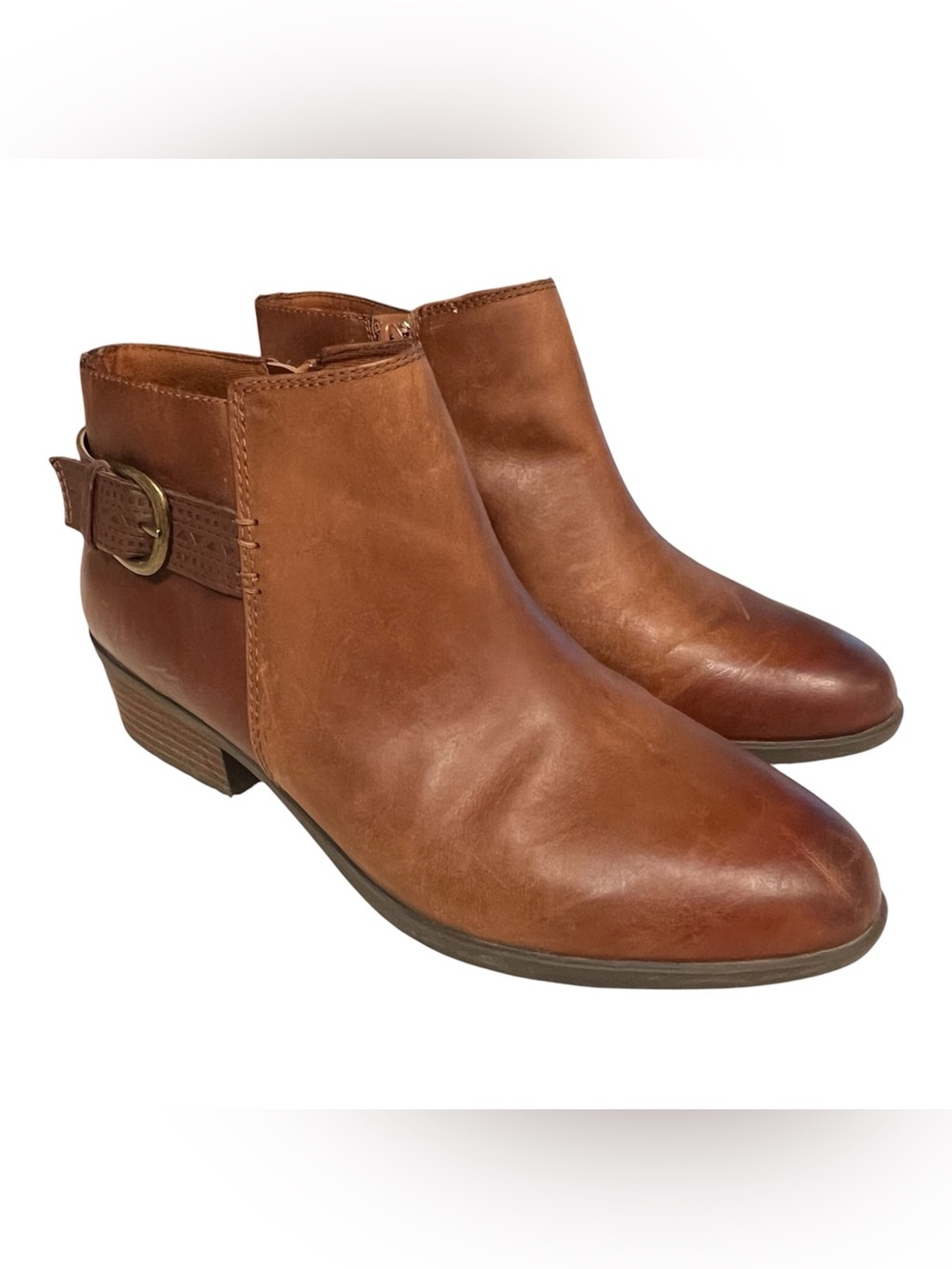Clarks Collection Brown Tan Leather Women Sz 9 Western Ankle Boots Buckle EUC